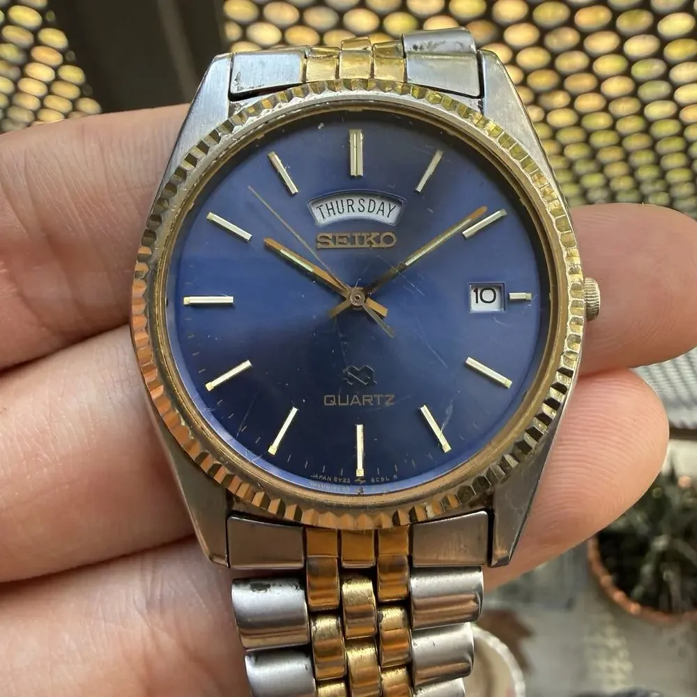 Vintage Seiko SQ President Fluted Bezel Watch 36mm Blue Dial Two Tone Daydate